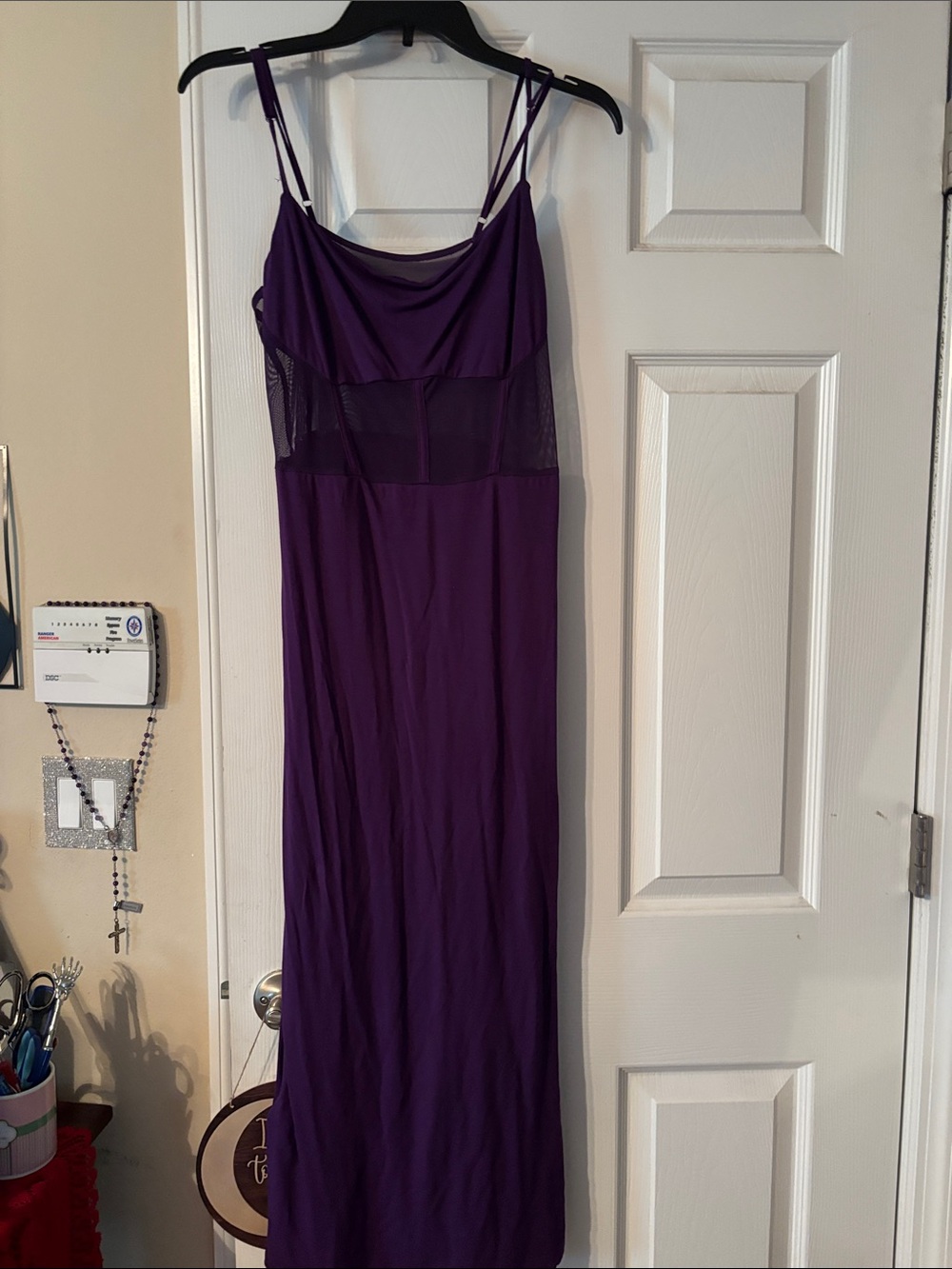SHEIN Purple Mesh-Panel Midi Dress with adjustable straps.